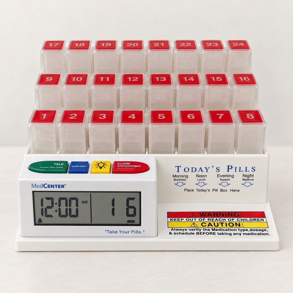 MedCenter Talking Pill Organizer System 31 Day Monthly Medication Reminder White